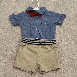 Andy & Evan Blue Chambray Shirt with Red Bow Tie and Khaki Shorts